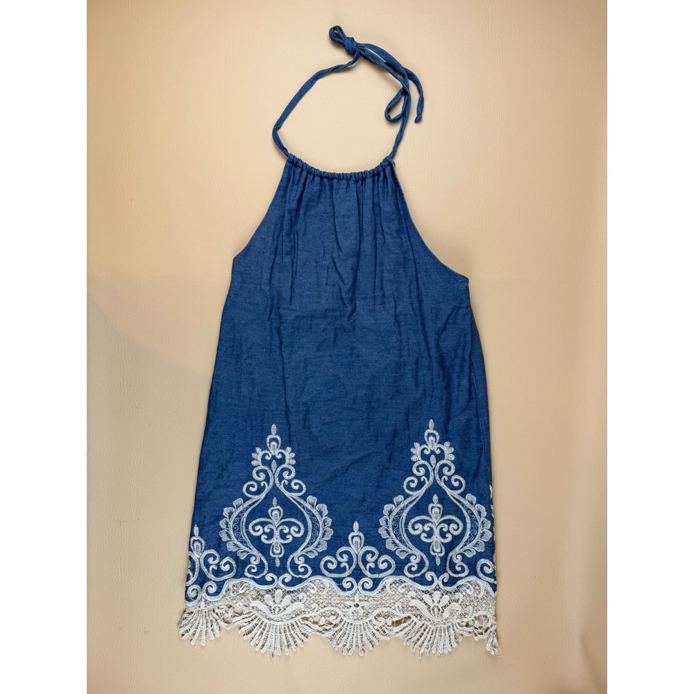 Boho Halter Tunic Cotton Embroidered‎ Lace Hem Medium Sage